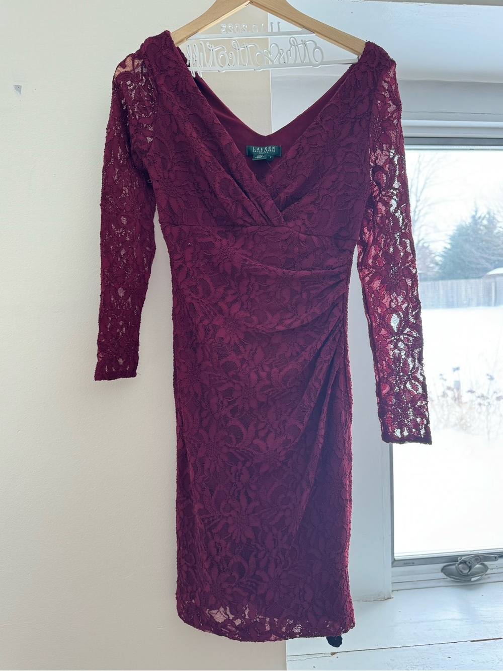 Ralph Lauren Burgundy Lace Long-Sleeve Sheath Dress